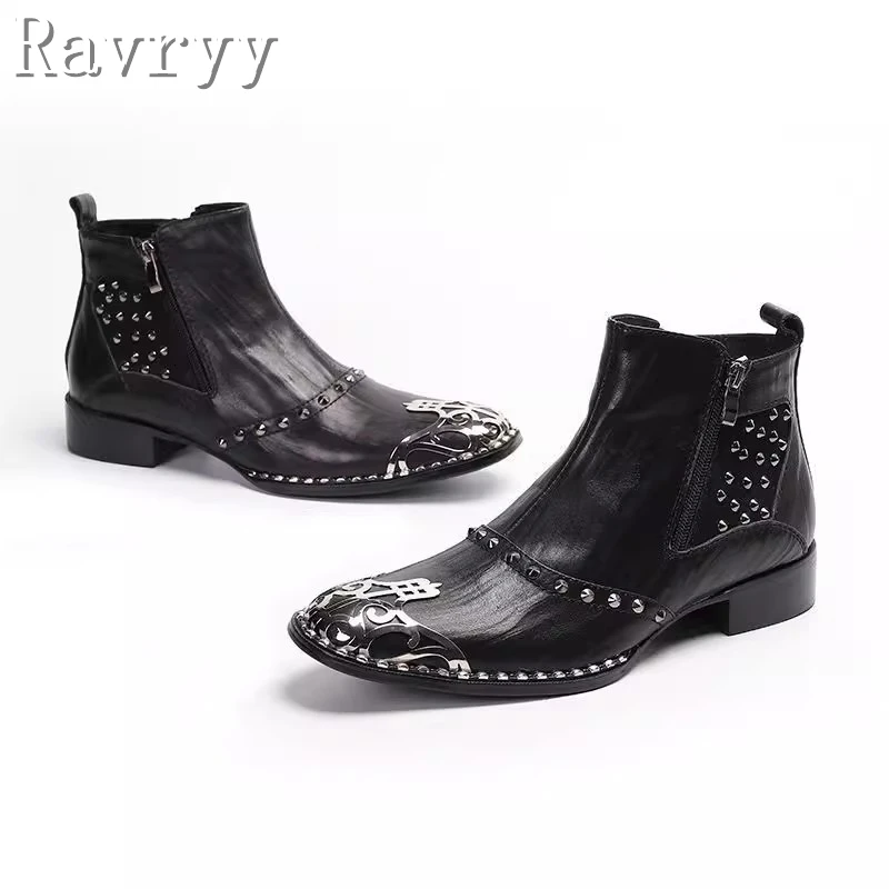 

Brand New Black Genuine Leather Men Short Boots Luxury Handmade Metal Decor Rives Zip Ankle Boots Fashion Party Banquet Shoes