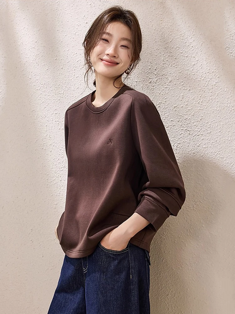 

Осенне-зимняя женская толстовка с круглым вырезом, коричневая, свободного кроя, с длинными рукавами, повседневная, универсальная, однотонная, для города