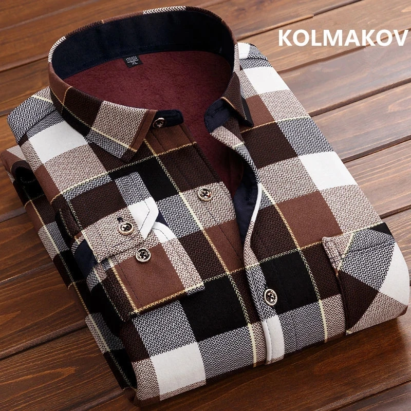 

Men's Winter Oversize irt Stand Fit Busin Gentleman Long Sve Plaid Cloth Iron-Free Procing Thiened Fce