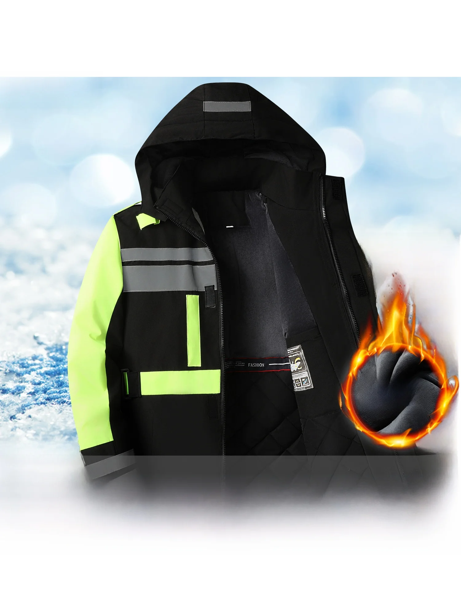 

Thiened Winter Workwear Jaet Men's Reflective Cotton Work Clothes Warm Bicycle Riding Outerwear Fce Lined Windproof