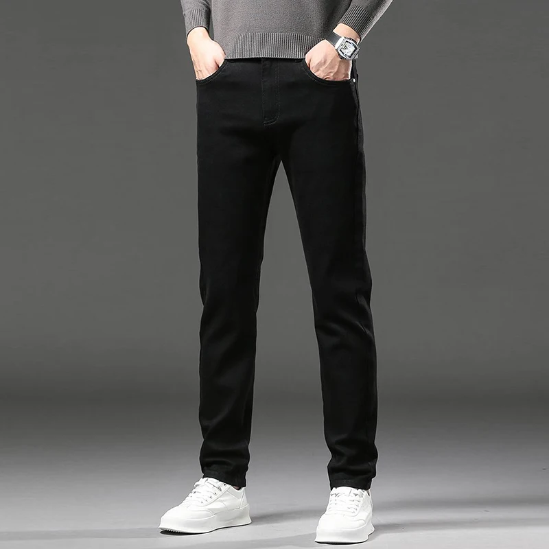 مكتب اجتماعي موضة بنطلون الرجال الخريف الشتاء صوف مبطن سميكة الدافئة الجينز الذكور فضفاض مستقيم الذكية عادية الدينيم السراويل #4