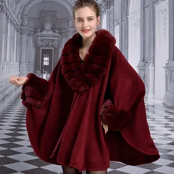 2023 Women Party Overcoat Cloak Winter Imitation Rabbit Fur Big Striped Collar Knitted Cardigan Cape Cashmere Long Sleeve Poncho