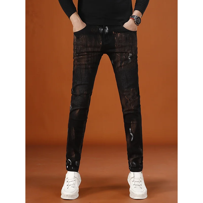 レトロヴィンテージプリントメンズパンツ2025秋新作トレンドストリートファッション伸縮性ジーンズメンズ