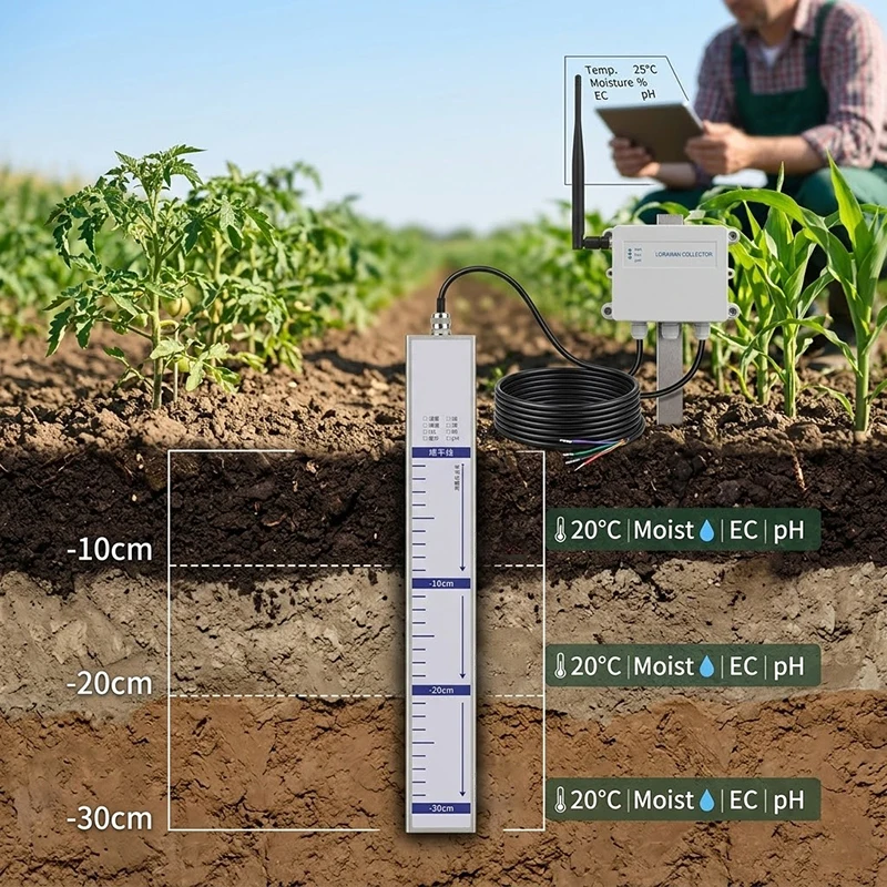 RS485 4G LoRawan Probe Electrode Soil Detector Integrated Temperature Humidity PH NPK EC Salinity Multilayer Soil 8 in 1 Sensor