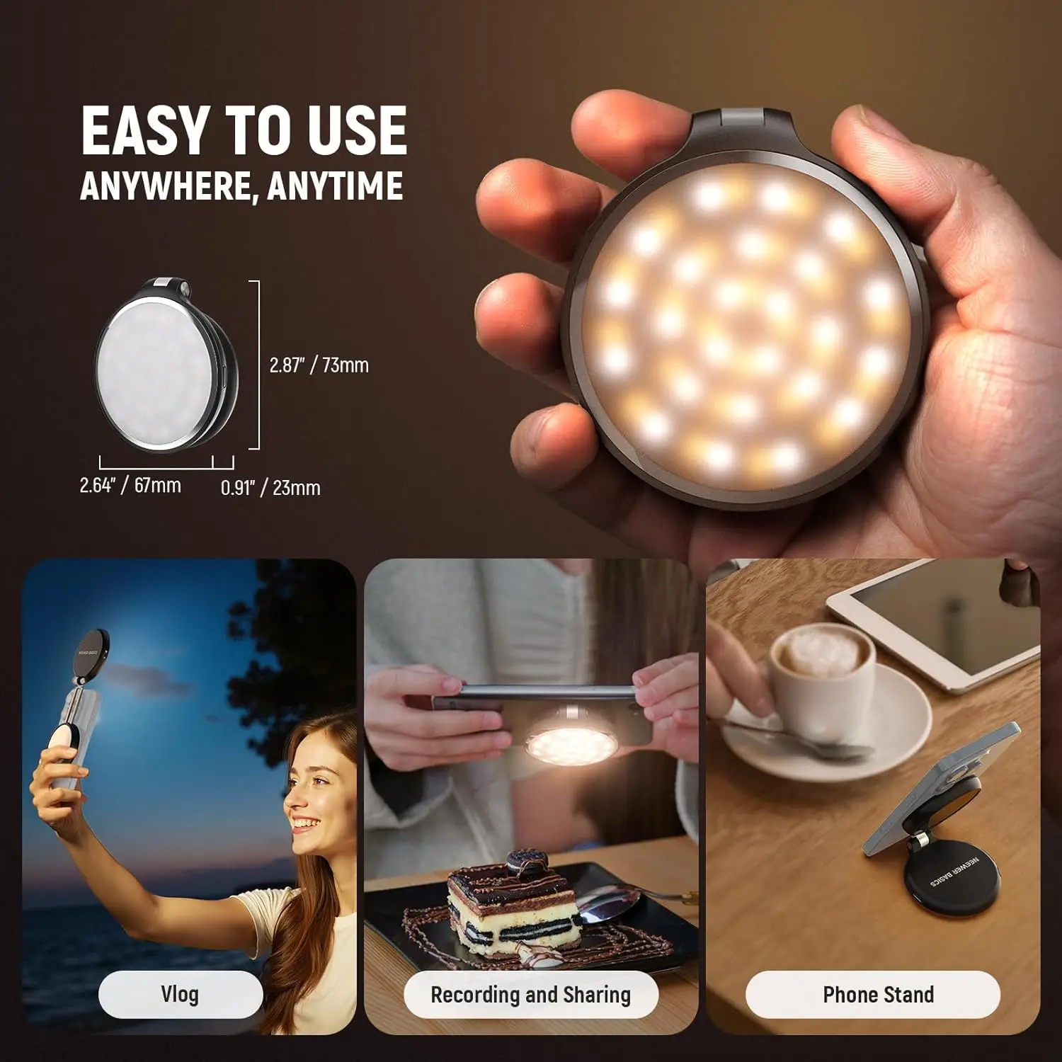 NEEWER Basics Magnetisches LED-Selfie-Licht Kompatibel mit MagSafe iPhone, Tischständer Handyhalter mit Schminkspiegel 900mAh – Detail 8