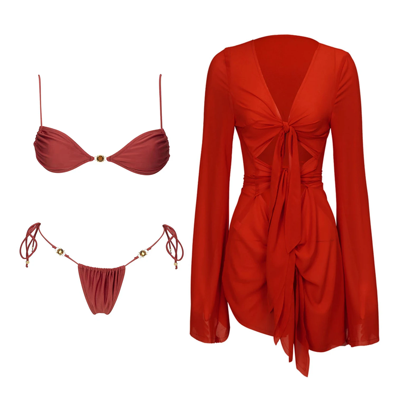 

3Pcs Diamond Bikini With Cover Up Women Sexy Swimsuit Swimwear Female Push Up Swim Suit Bandeau Biquini Beachwear Bathingsuit