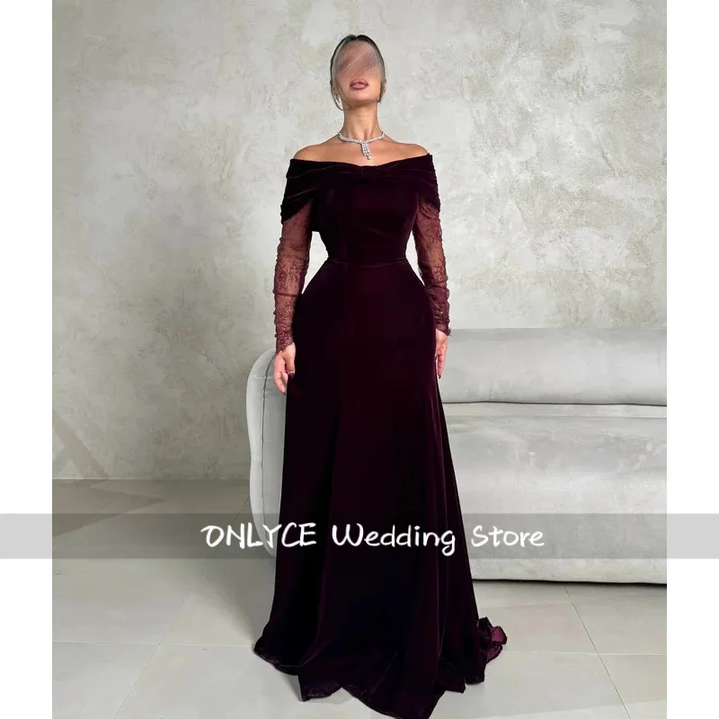 

Elegant Sharon Happy Evening Dresses Off-the-shoulder Velvet Lace Long Sleeves Bow Pleats A-line Prom Floor Length Zipper