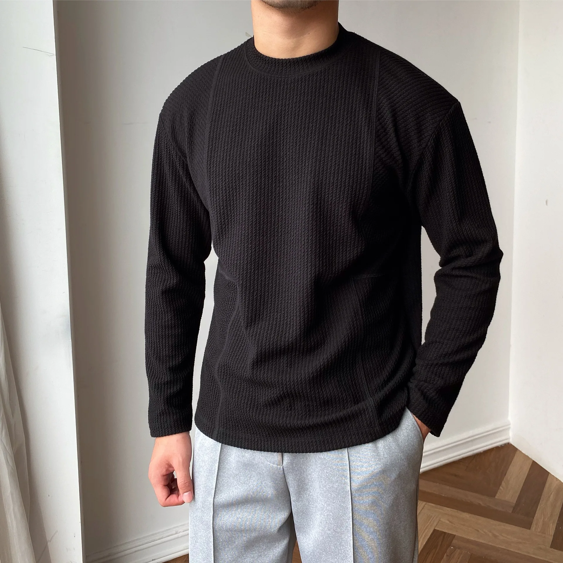 Round neck long sleeved T-shirt for men's Japanese Korean spring and autumn season simple casual light mature style bottom shirt