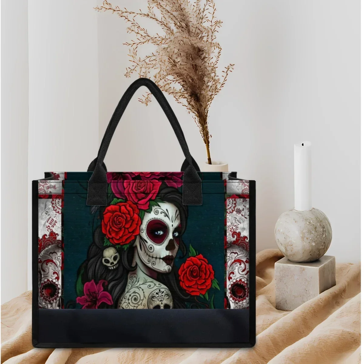 Bolso de hombro informal con estampado de calavera de azúcar para Mujer, bolsa de compras de viaje Vintage, regalo de Halloween, Totes góticos