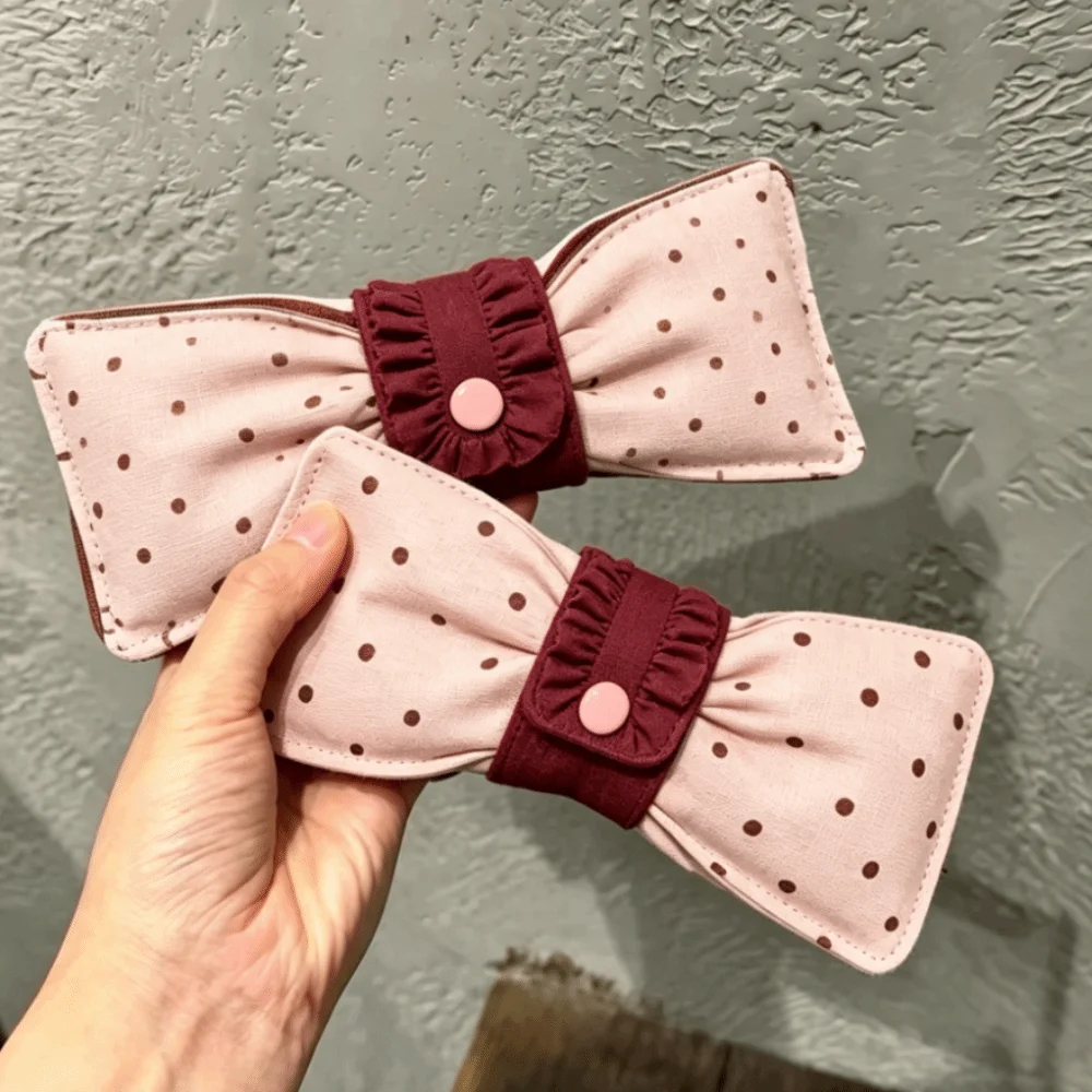 Bow Tie Shape Polka Dot Eyeglass Case Pink Color Snap Button Closure Glasses Storage Bag Pressure Resistant Soft Material