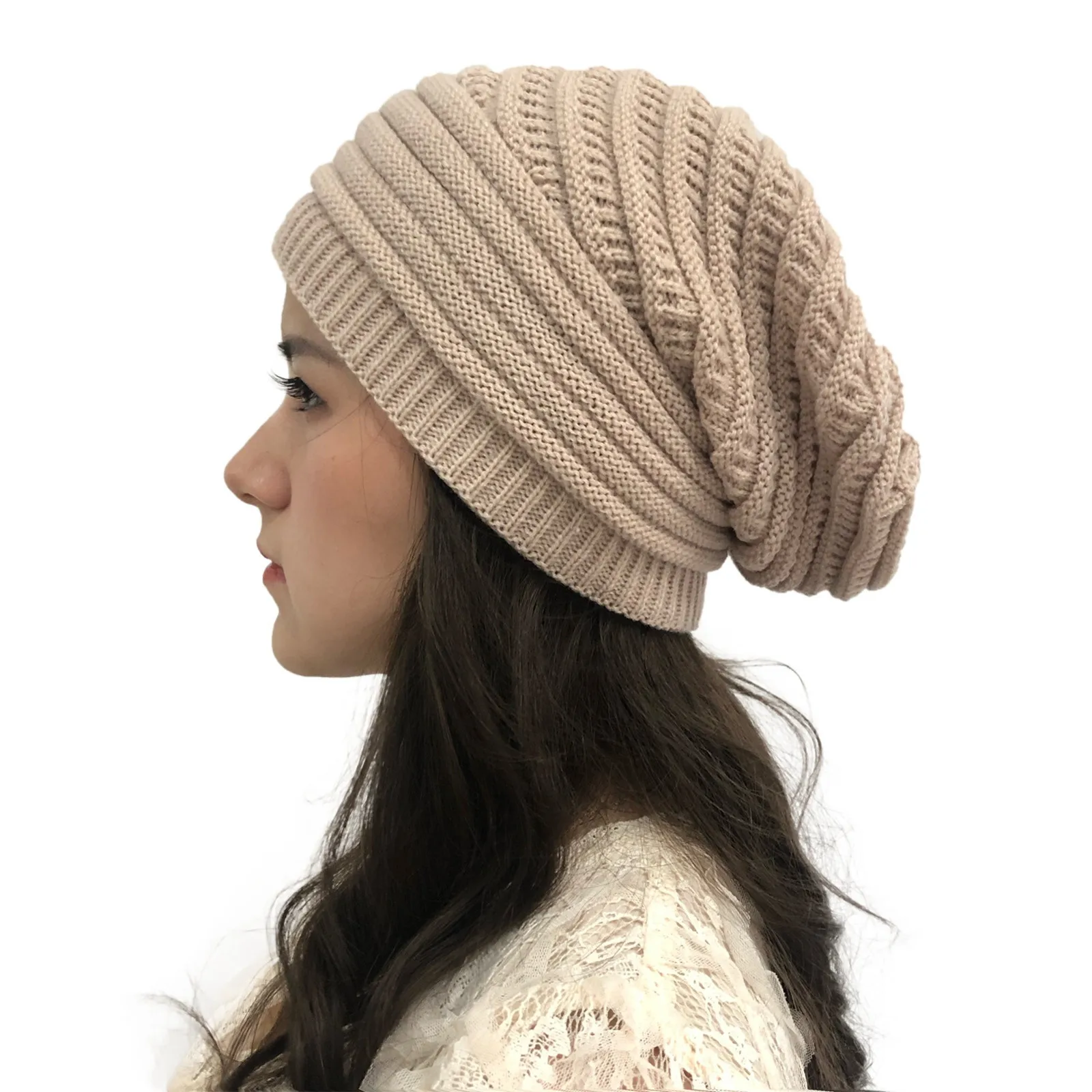 Women Hat, Women Fashion Winter Warm Hat Girls Crochet Wool Knit Warm Caps Knit Hat Style Stretch Trendy Ribbed Chunky Cap