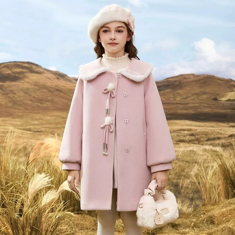 Girl's Princess Style Wool Coat Thickened Quilted Autumn Winter Coat for Big Kids Loose Fit Stylish Sweetheart Design