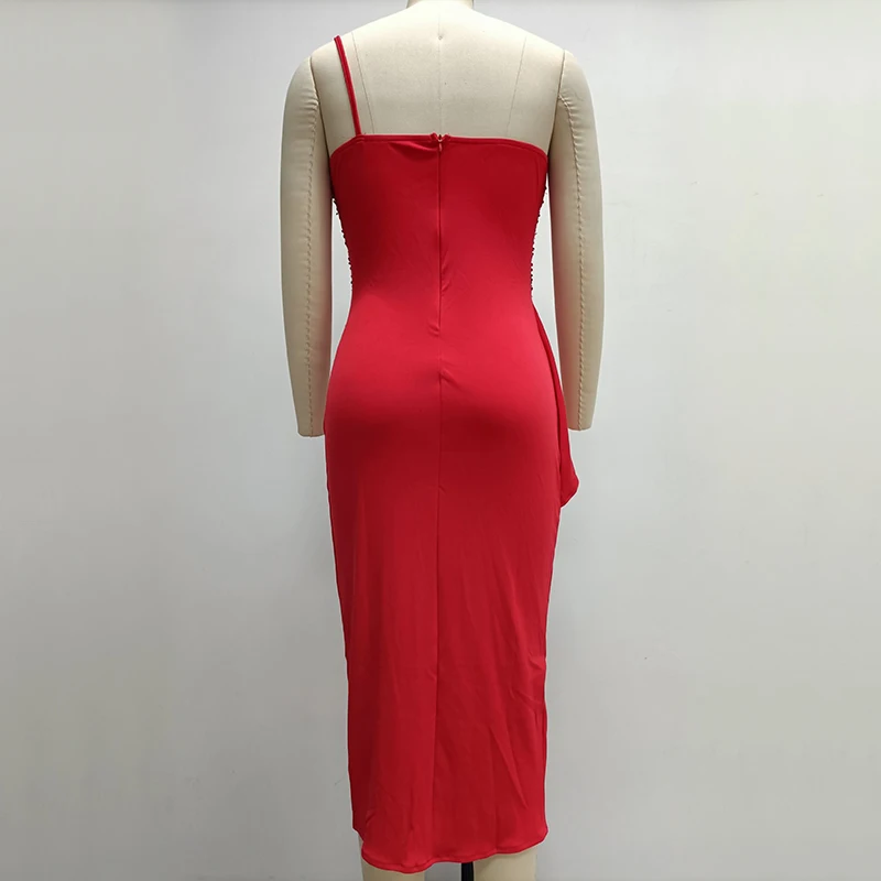 OMSJ-Vestido de lantejoulas brilhante feminino, um ombro, fenda lateral, comprimento médio, sem encosto, ombro fora, fino, cintura alta, festa, elegante