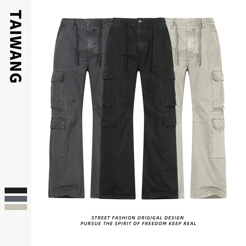 

Модные прямые брюки из чистого хлопка от американского модного бренда 2024 года, повседневные рабочие брюки с несколькими карманами, трендовые прямые длинные брюки