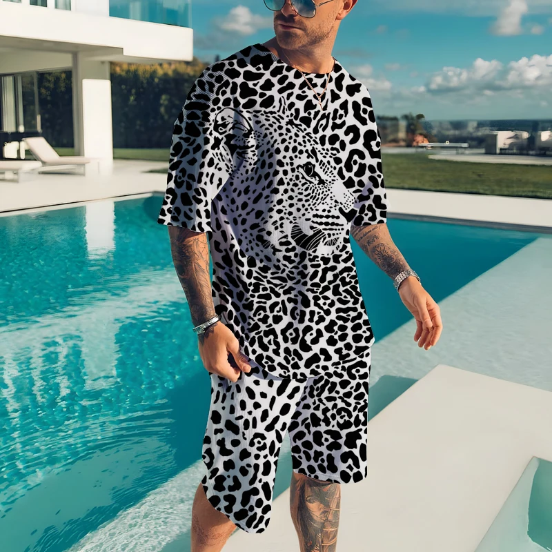 Summer Men's Two-piece Sportswear Fierce Tiger 3D Printed T-shirt Shorts Suit Street Casual T-shirt Top Shorts Clothing 2023