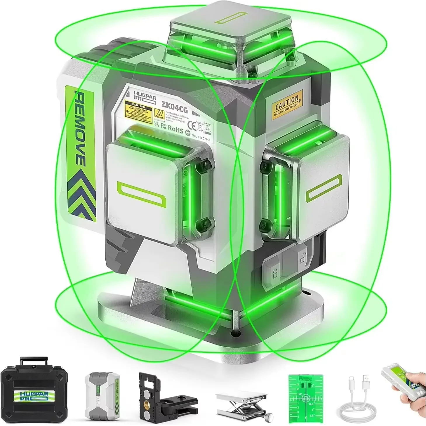 Huepar ZK04CG-L 4D 16-lijnen laserniveau ± 2 mm hoge nauwkeurigheid groene straal zelfnivellerende kruislijnlaser met 8000 mAh Li-ionbatterij