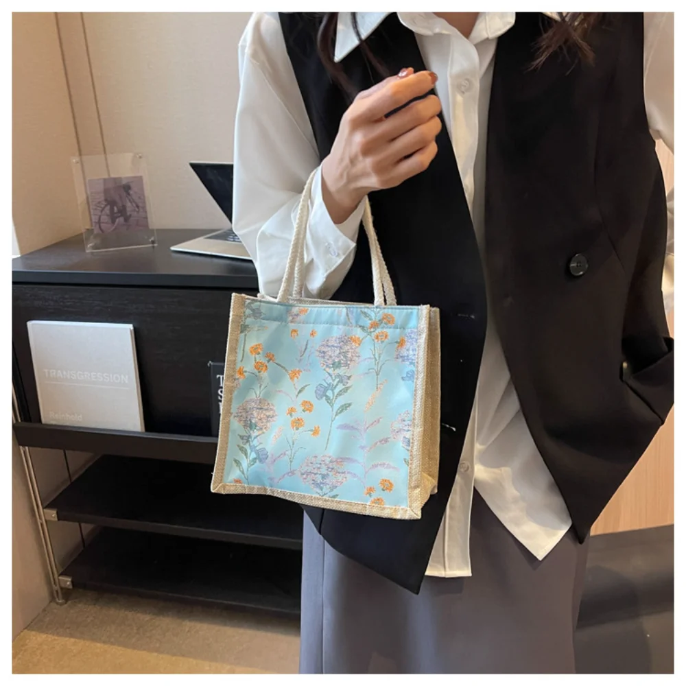 Borsa con cerniera con bottone in lino borsa da donna con stampa carina di grande capacità borsa per la spesa borsa per la spesa portatile di moda borsa per il pranzo