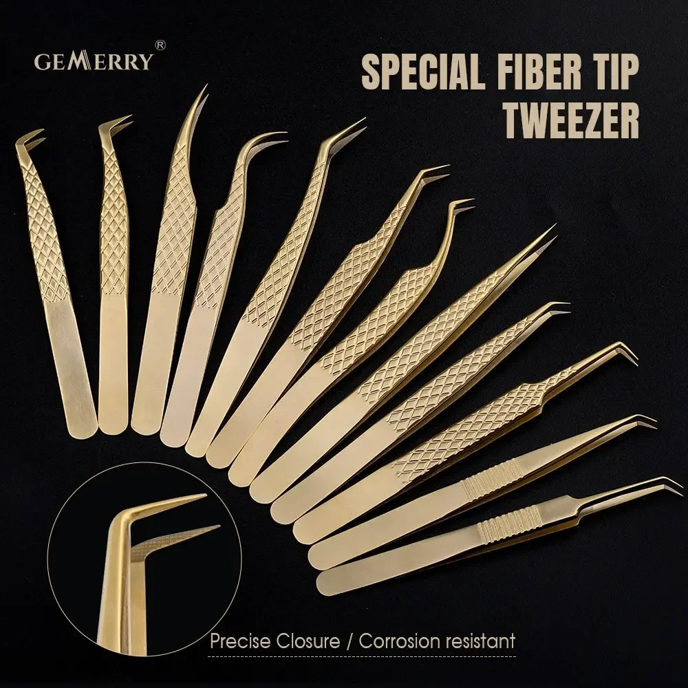 Gemerry Fiber Tips Eyelash Extension 1Pcs Tweezers Golden Stainless Steel High Precision Tweezer Volume Fans Professional 2027