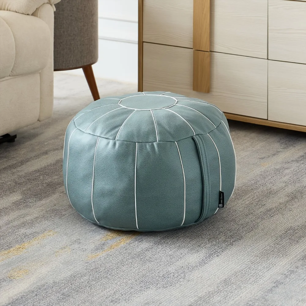 Moroccan Style PU Leather Storage Pouf Cover Pumpkin Shaped Unstuffed Footstool Seat Bag with Handle Splicing