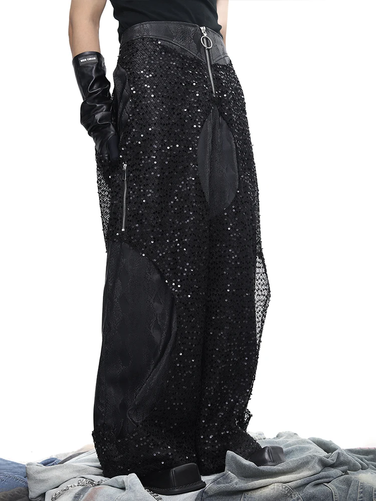 Men's 2025 Summer New Starry Sky Sequin Splicing Leather Cargo Pants Straight Wide-Leg Pants Male Multi Zipper Design Trousers