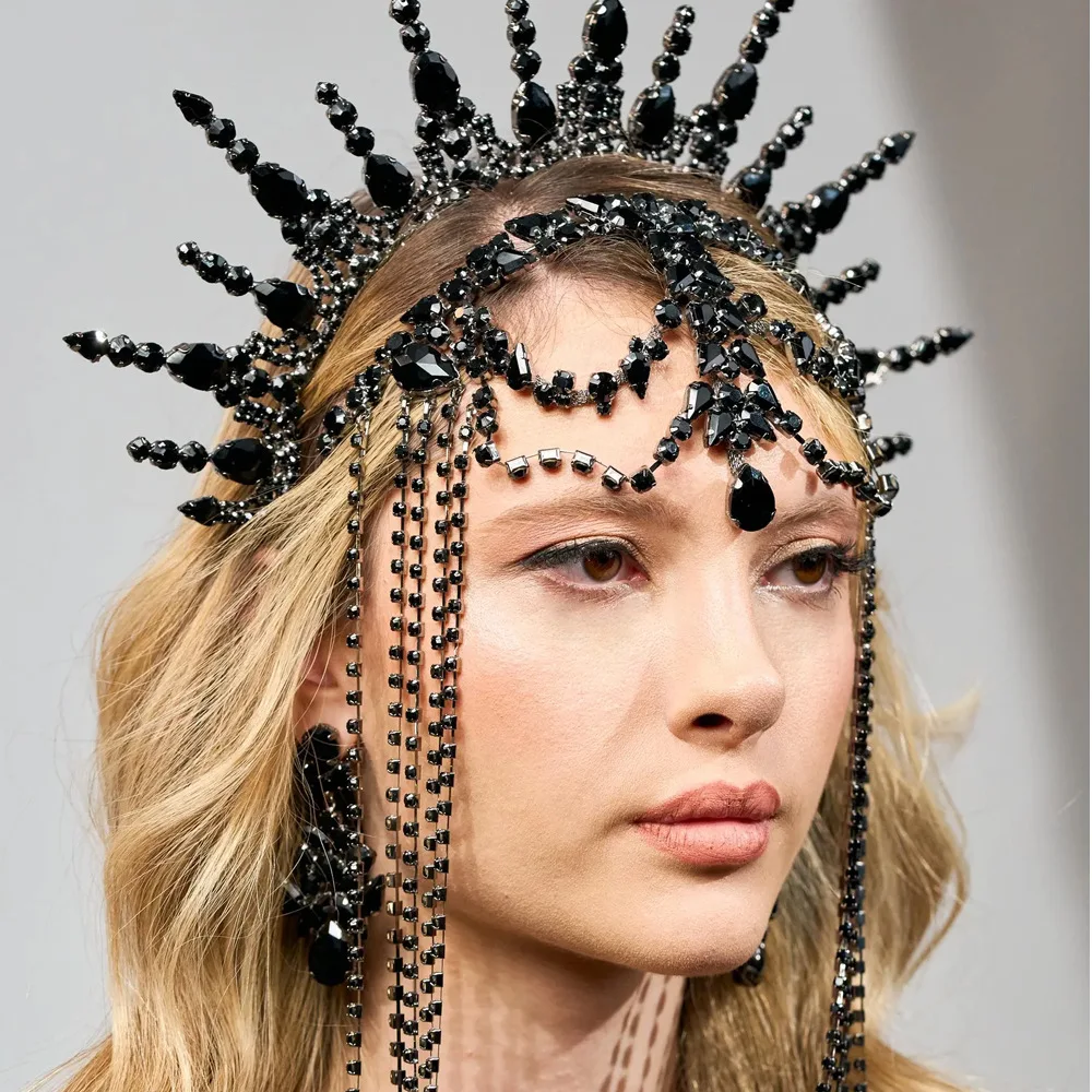 

Exaggerated Black Tassel Crown Headband Women Queen Accessories Carnival Geometric Rhinestone Headpiece Chain Masquerade Jewelry