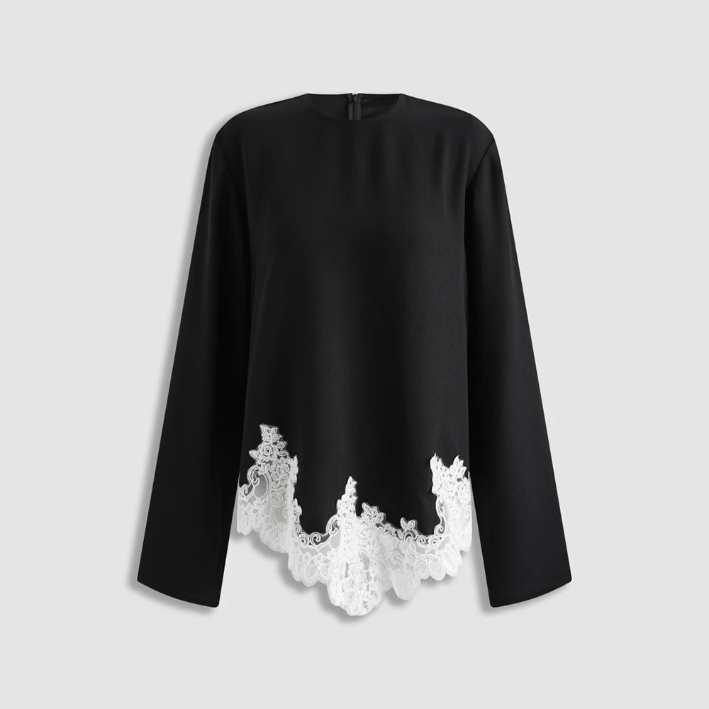 Women Acetate Blend Long Sleeve T-shirt Round Neck Lace Hem Top Loose Shirt Elegant Ladies Casual Daily Wear Women Blouse Tops
