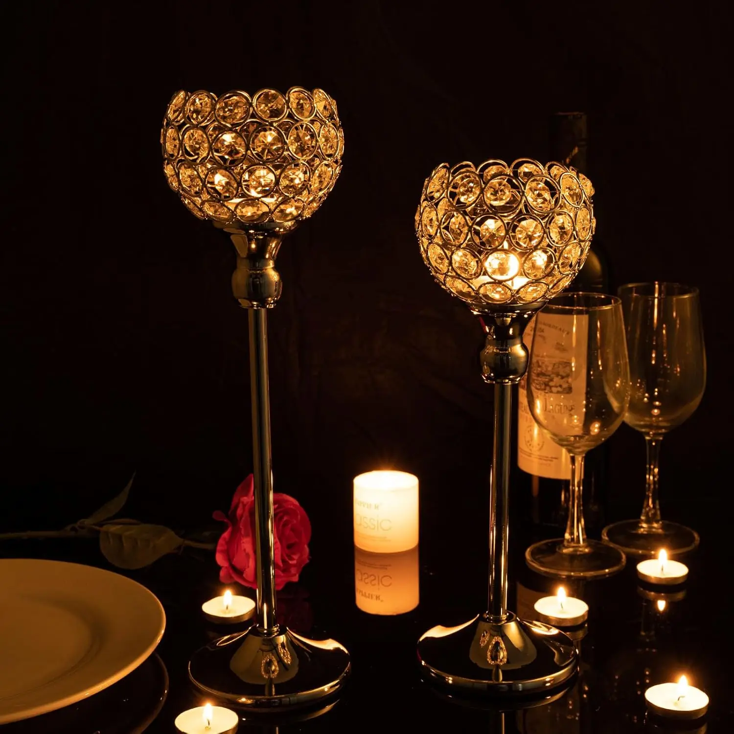 

Gold Crystal Candle Holders Set of 2 Pillar Candlesticks for Table Centerpieces Christmas Home Decor Wedding Party Gift