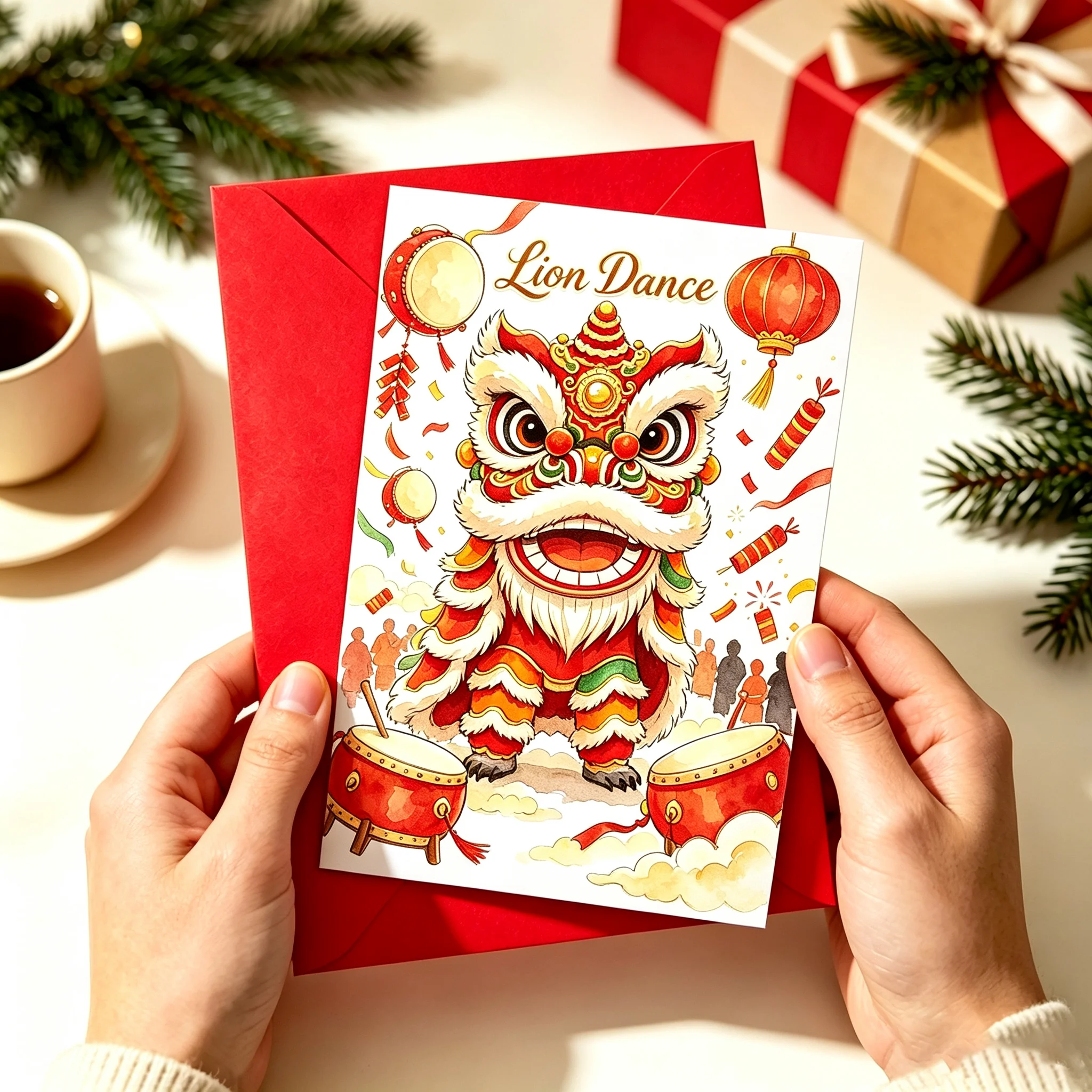 Watercolor Chinese New Year Lion Dance Red Lantern Firecracker Drum Cloud Greeting Card Lion Dance Wish Blank Note Card With Red