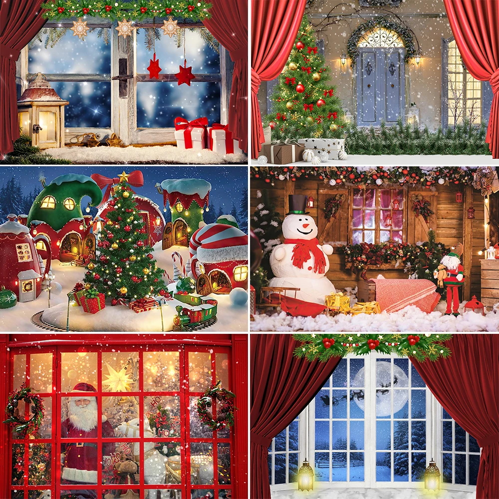 Photography Background Christmas Window Door Glitter Xmas Trees Toy Shop Kids Family Portrait Decor Backdrop Photo Studio