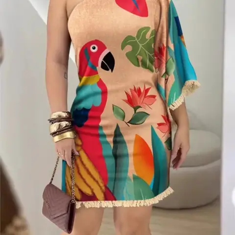 Boho 프린트 미니 드레스 여성용 패션 원 숄더 오프 숄더 드레스 레이디 캐주얼 홀리데이 여름 우아한 여성 의류 New
