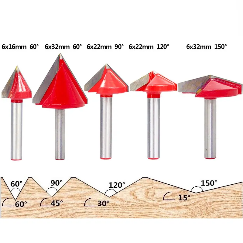 5PCS XCAN V-Groove Router Bits Set, 6mm Shank, 60° 90° 120° 150° Angles, 3D V Shape Wood Cutter, CNC Engraving Bit