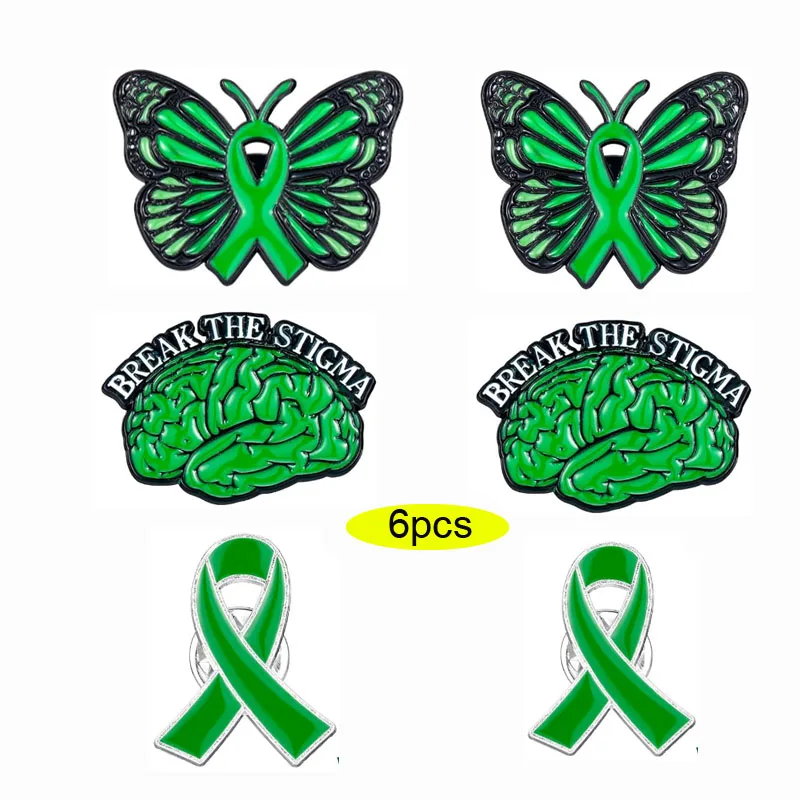 Épinglette en émail pour la sensibilisation à la santé mentale, épinglettes à ruban vert, broche papillon, faveur de la charité publique, hommes et femmes, 6 pièces