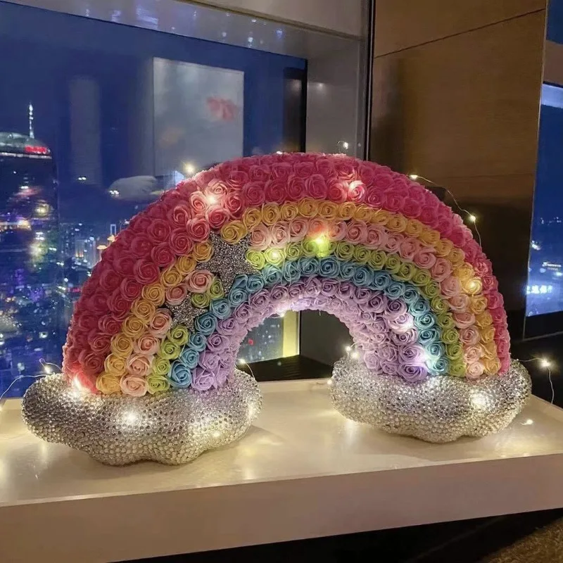 

Eternal Flower Rainbow Valentine's Day Gift Soap Flower Bouquet with Diamond Rainbow