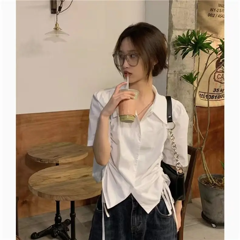 짧은 소매 셔츠 여성 자카드 풍선 슬리브 핀턱 버튼 탑 가을 프랑스 예술적 프레피 학생 젊은 소녀 같은