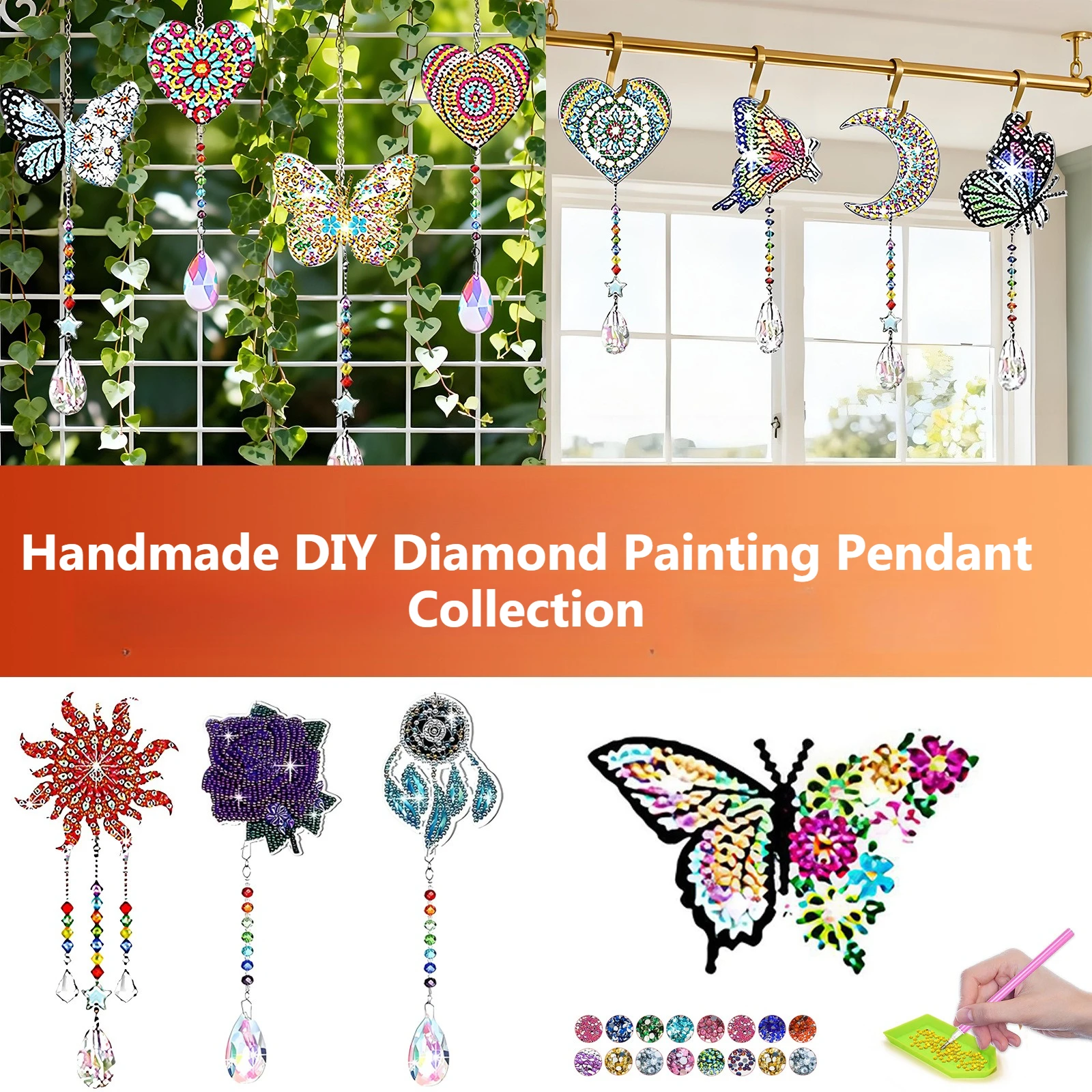 Diamond Painting Crystal Pendant Beaded Wind Chime Double-sided Diamond Glass Hanging Decoration DIY Bee Bird Acrylic Set