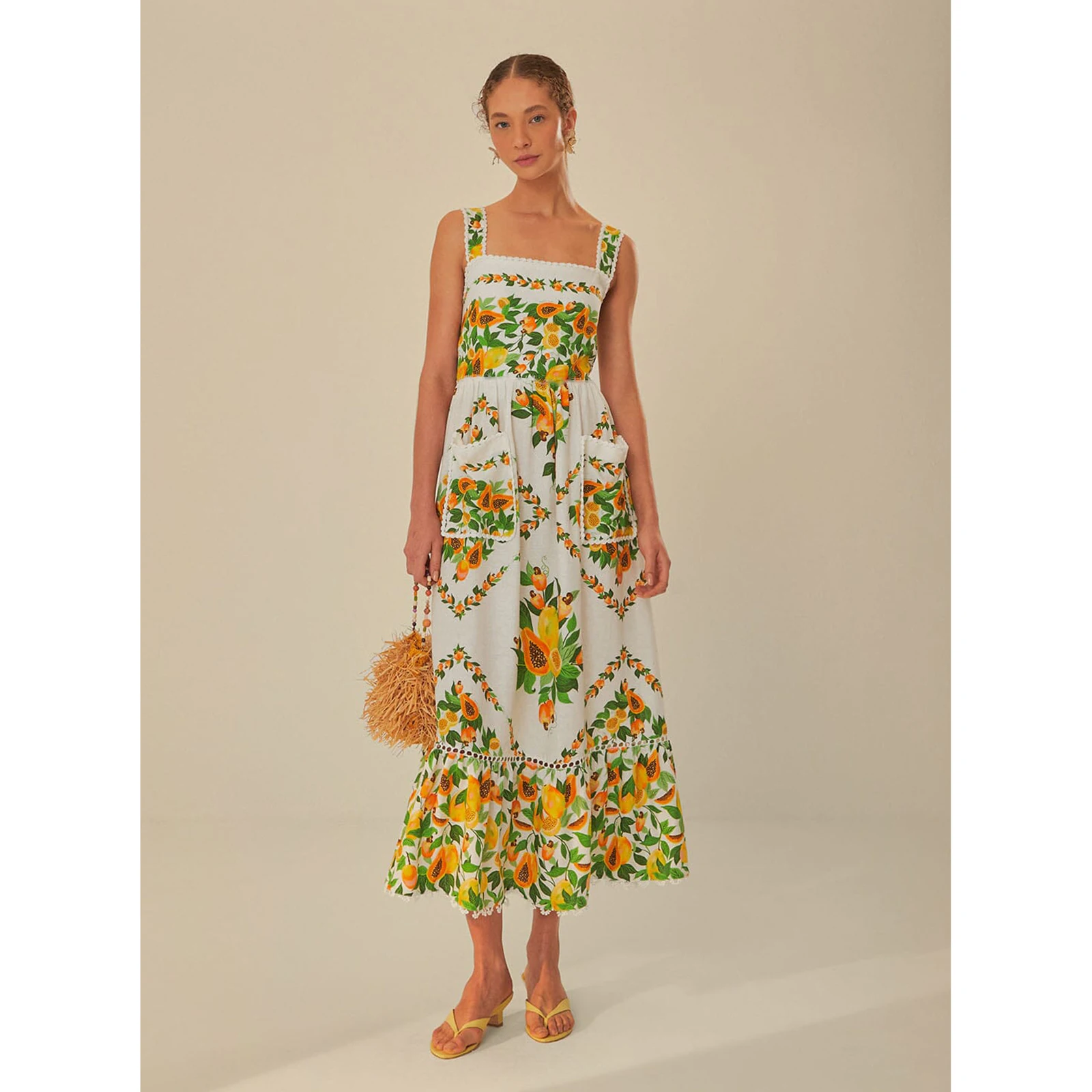 

Pastoral style women's dress with wide straps, fruit print, long skirt with pockets, sweet everyday summer wear