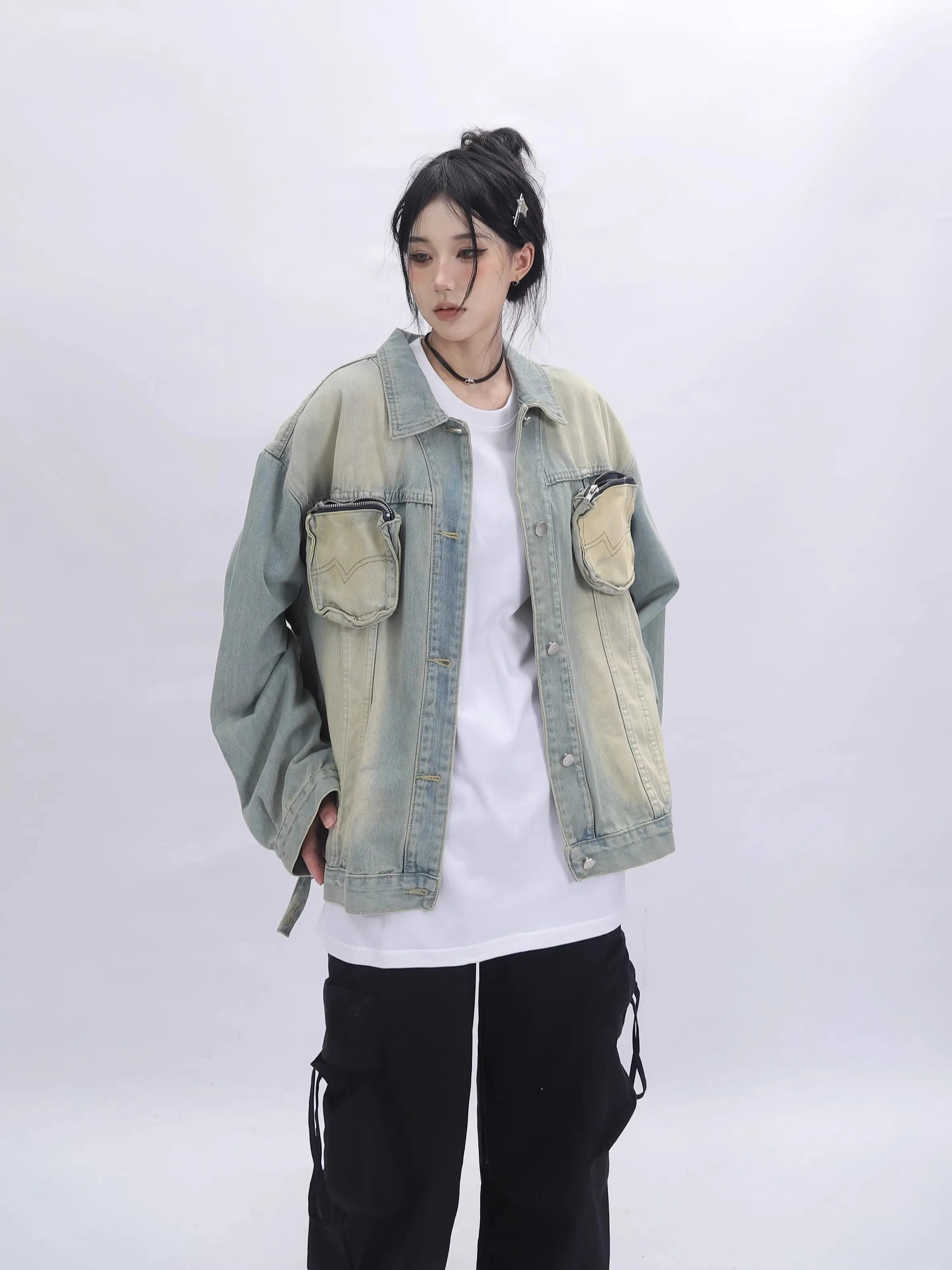 ReddaChic ผู้หญิง Stitch Cargo กระเป๋า DENIM แจ็คเก็ตเก่าปุ่มลงแขนยาว SKATER OVERSIZE Coat Retro Streetwear