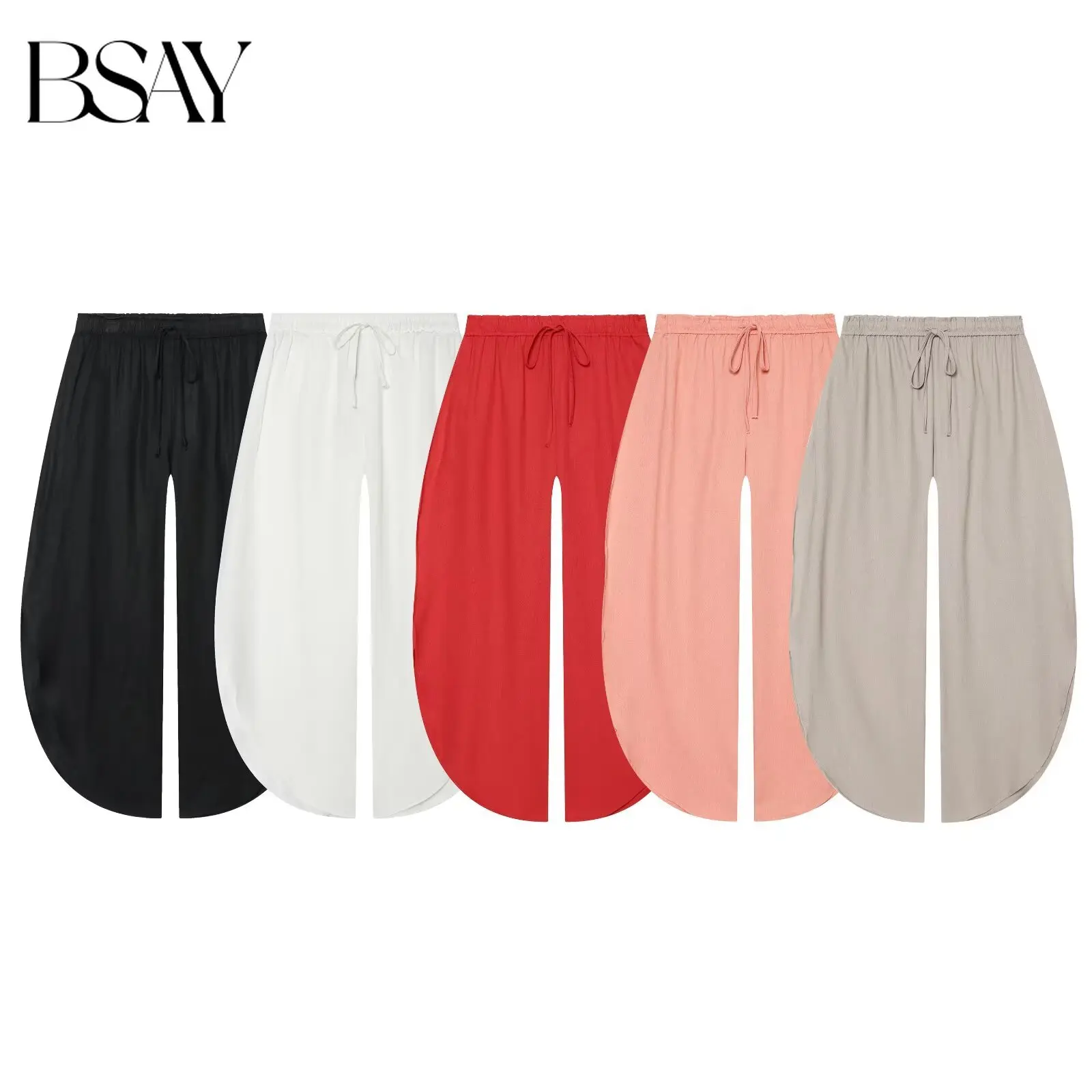 BSAY 2026 Women High Waist Drawstring Curved Split Hem Wide Leg Pants Multi Color Solid Loose Fit Daily Casual Palazzo Trousers
