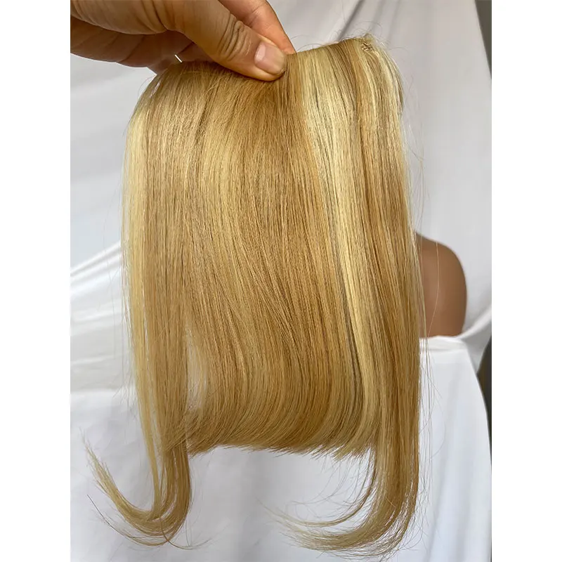 27P613 Blonde Mixed Brown Color Brazilian Human Hair Clip-in Hair Bangs Full Fringe Short Straight Hair Extension for women 6-8\