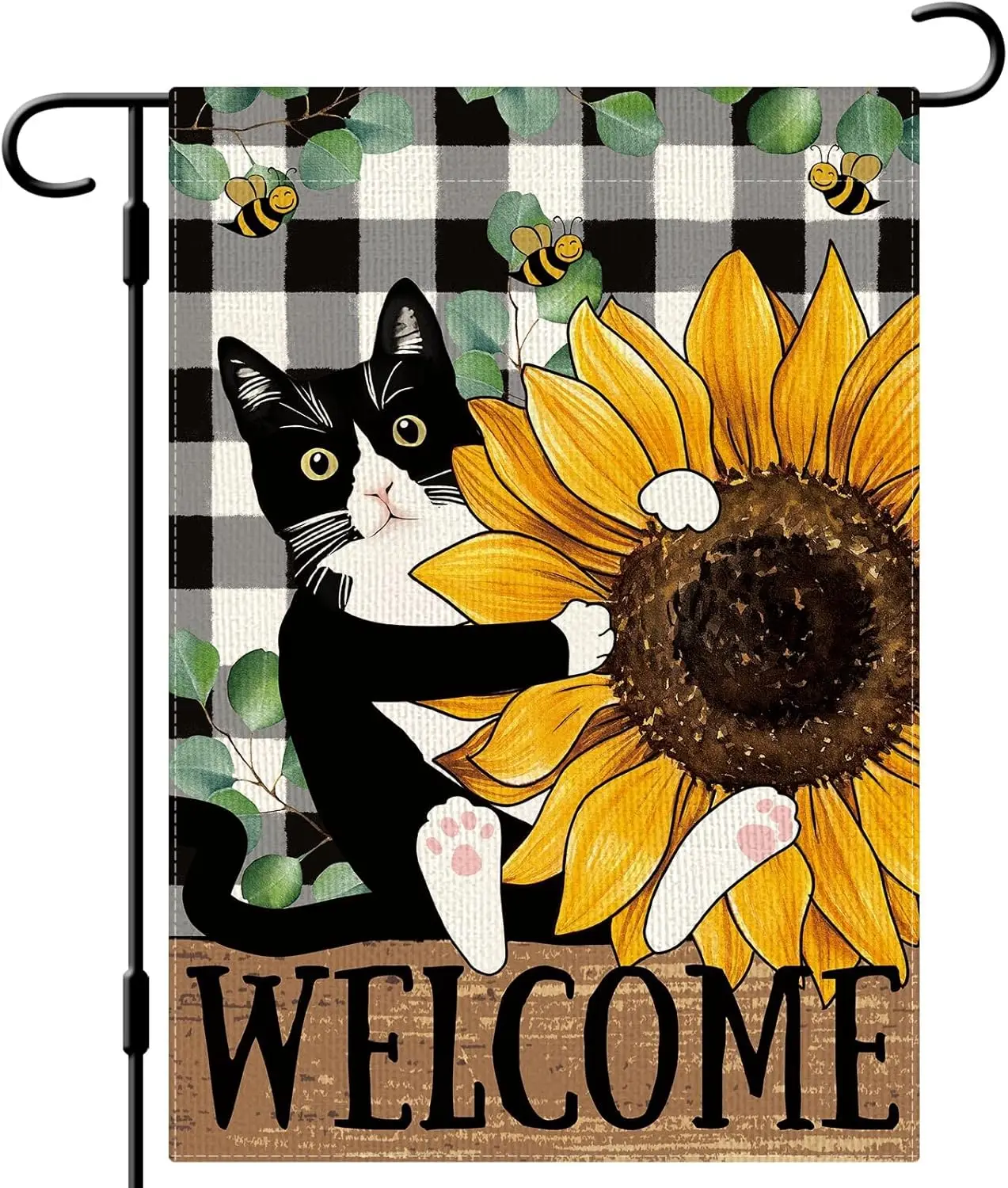 DLZDN Sunflower Cat Garden Flag Summer Tuxedo Cat Garden Flags 12×18 Inch Double Sided Buffalo Plaid Farmhouse Welcome Yard Flag