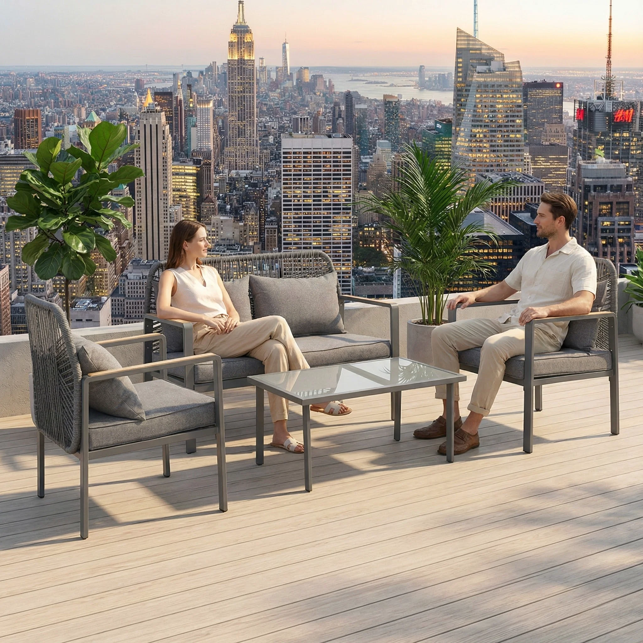 

4-Piece Steel Frame Rattan Outdoor Sofa Set with Cushions and Coffee Table Modern Villa Patio Garden Balcony Furniture