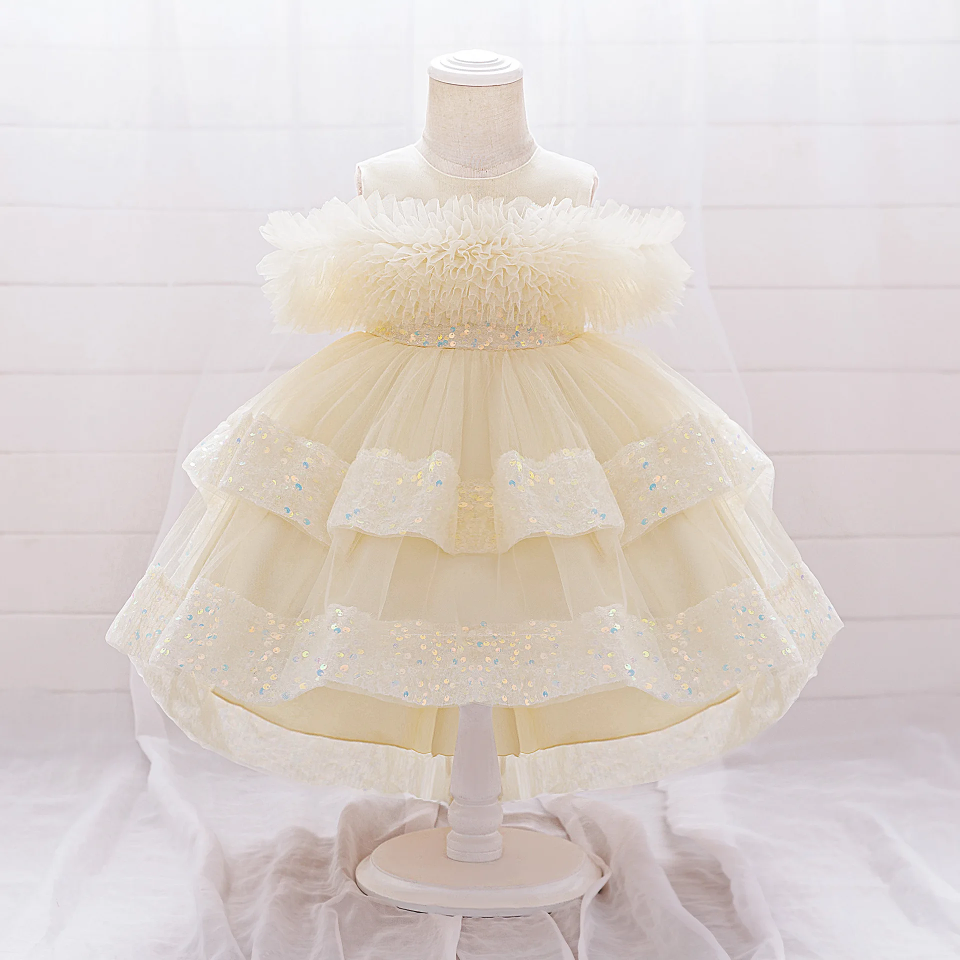 Princess Girl Party Dress Puffy Layered Sequins Tulle Red Dress for Girls Child Elegant Clothing for Special Occasions