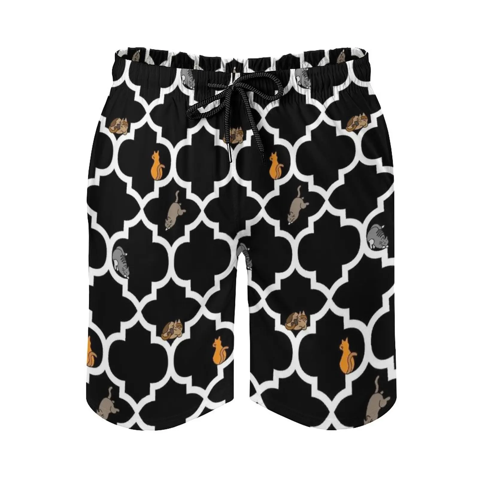 Cats On A Lattice-Black Men'S Beach Shorts Quick Dry Travel Swimsuit Trunks Surf Pants Sports Pants Cute Pattern Animals Nature