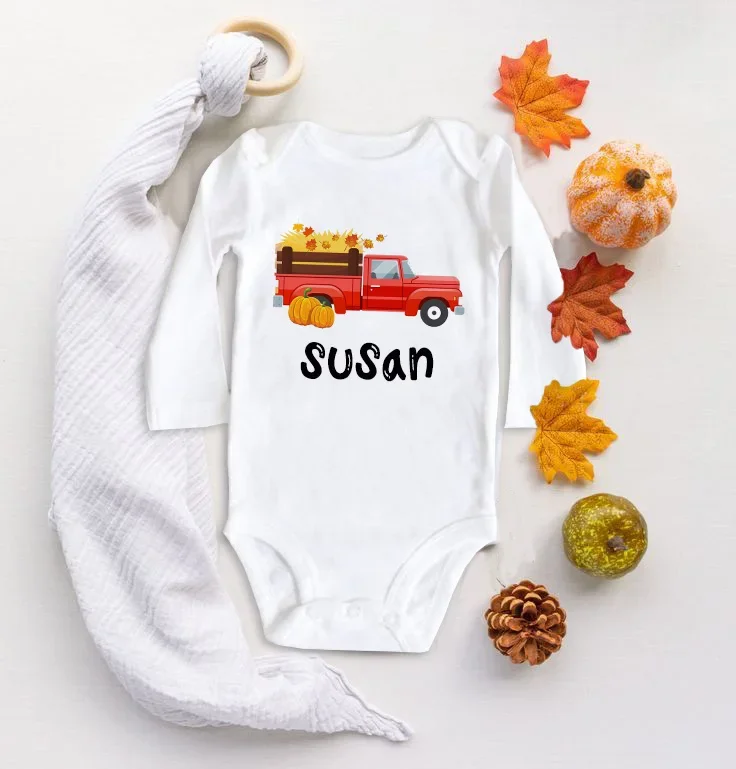 Pakaian Liburan Bayi Pakaian Thanksgiving Balita Romper Anak Baru Lahir Nama Kustom Bodysuit Bayi Kereta Labu Dibuat Sesuai Pesanan