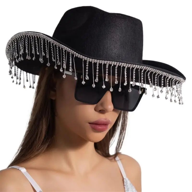 39BD Cowgirl-Hut mit Fransen und Strasssteinen für Damen, Cosplay-Kostüm, Junggesellenabschied, Kopfbedeckung, Hochzeit – Detail 8