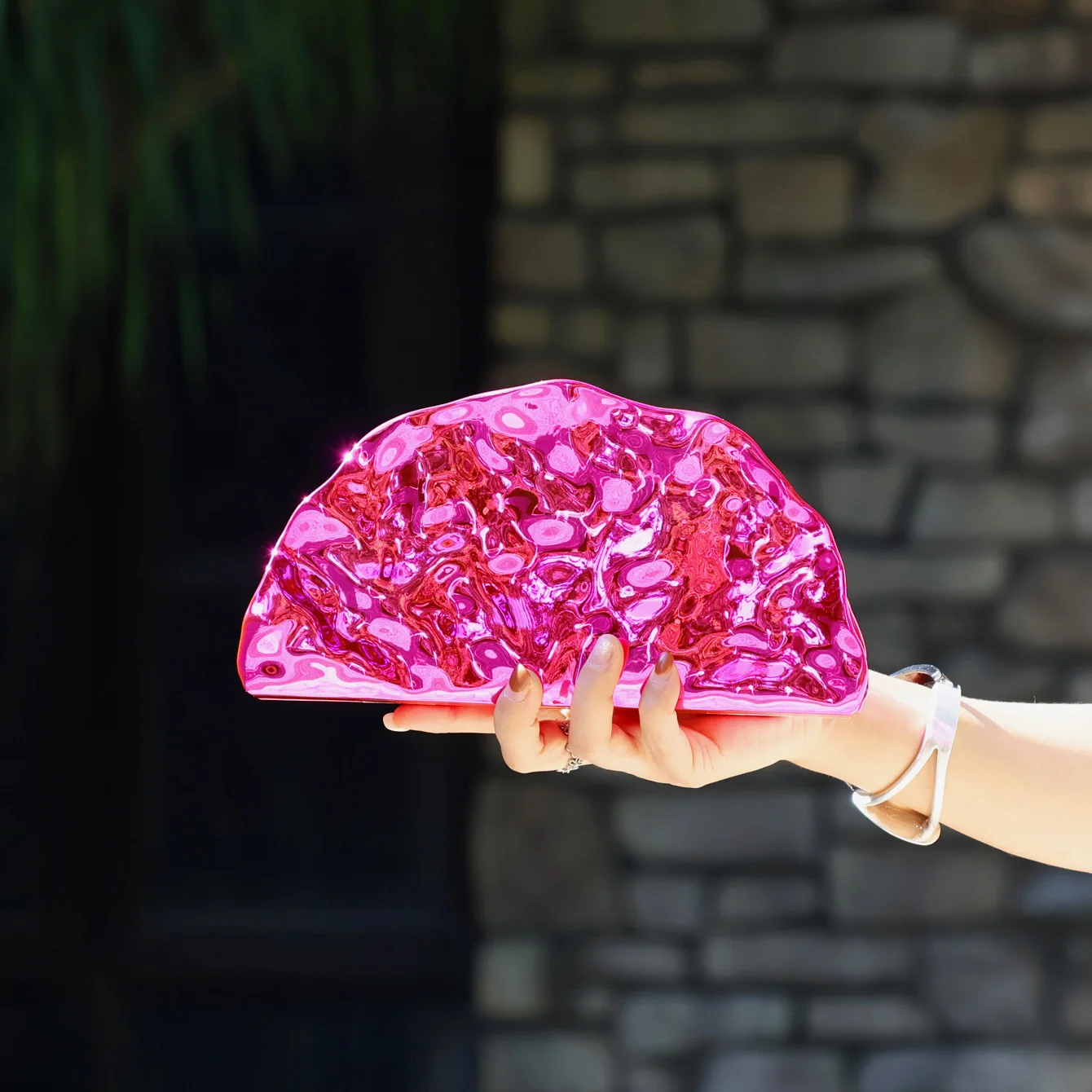 

Acrylic Dinner Bag Single Shoulder Slant Cross Electroplated Metal Fan Shaped Handbag Daily Match Polyester Lining Magnetic B...