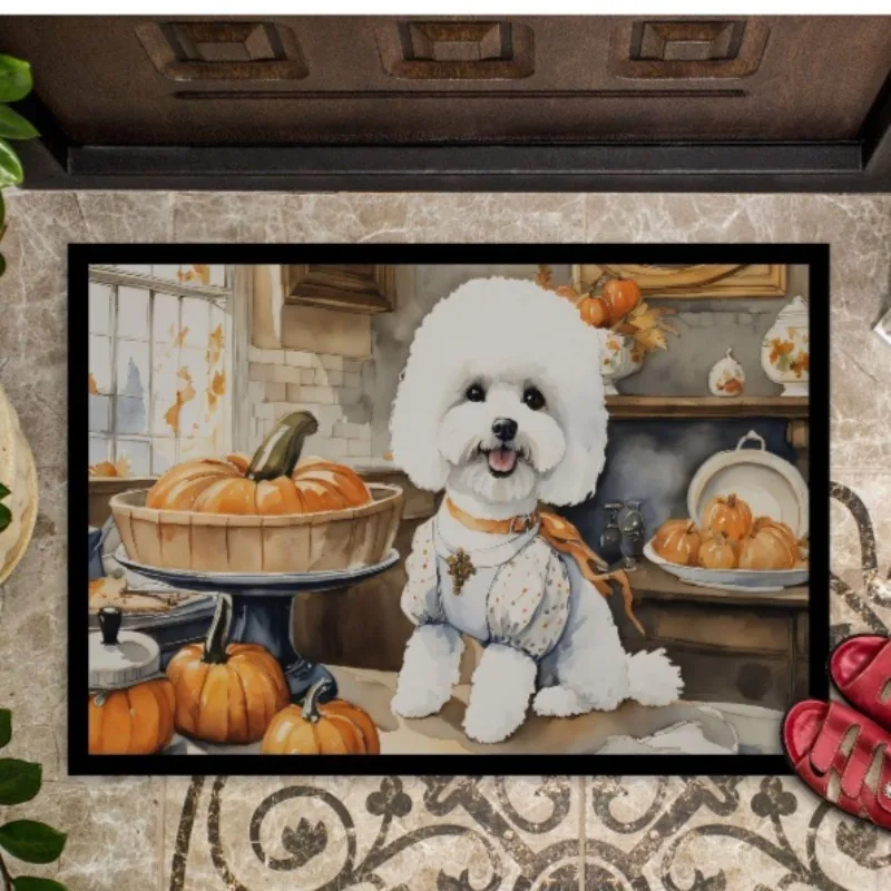 

Delightful Non Slip Washable Low Pile Fall Bichon Frise Pumpkin Doormat 24H X 36W Indoor Outdoor Entryway