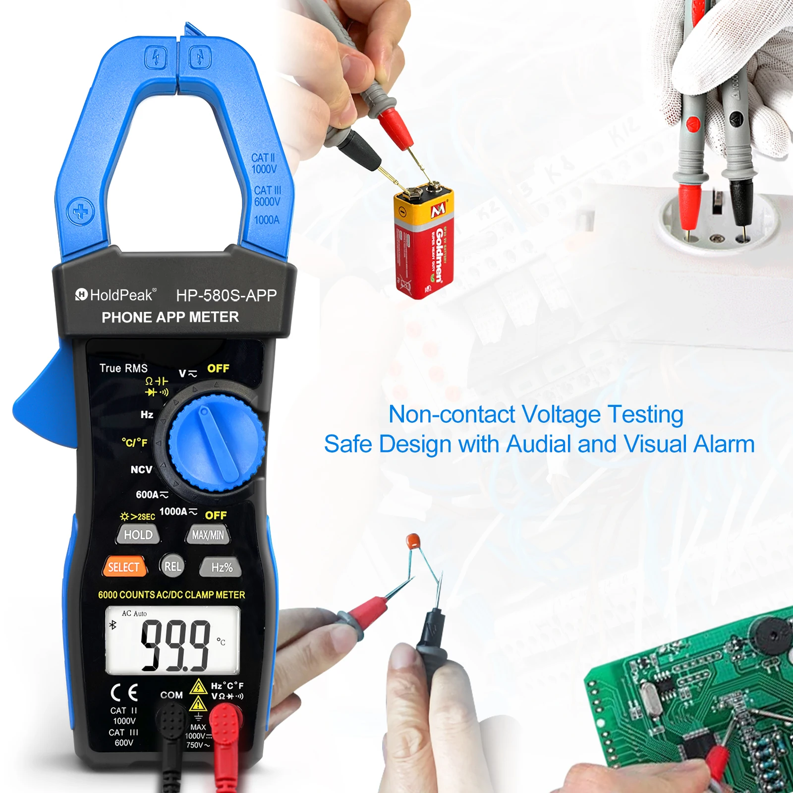 HoldPeak Clamp Meter 6000 Counts with APP Connection , True RMS Effective Value, AC DC Tester LCD Back Light, HP-580S-APP
