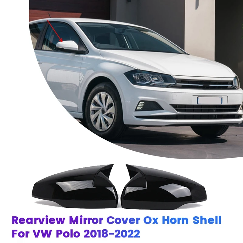 1Pair Car Rearview Mirror Cover Ox Horn Shell 2G0857537 2G0857538 For VW Polo 2018-2022 Side Mirror Cap Trim Housing