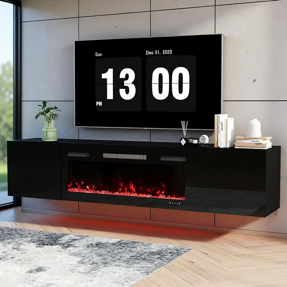 

Навесная тумба под телевизор 70 дюймов с электрическим камином 36 дюймов, настенный развлекательный центр, хранение, пульт ДУ, LED-подсветка, подходит для телевизоров до [размер в дюймах] дюймов